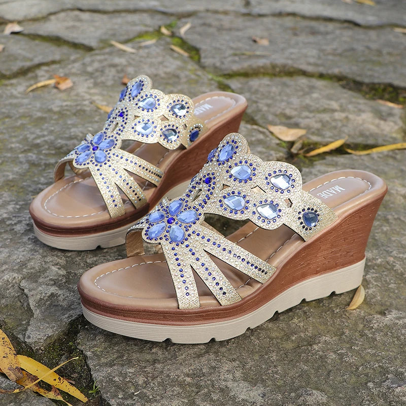 Cyflymder  Woman Leather Slipper Summer Fashion Rhinestone Intersperse Wedge Female Thick-soled Platform Comfortable Slipper for Women