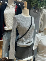 Cyflymder  Twist Knitted Crop Tops Women Autumn Beige Casual Square Neck Slim Long Sleeve Pullover Sweet Cute Preppy Style Chic Sweaters