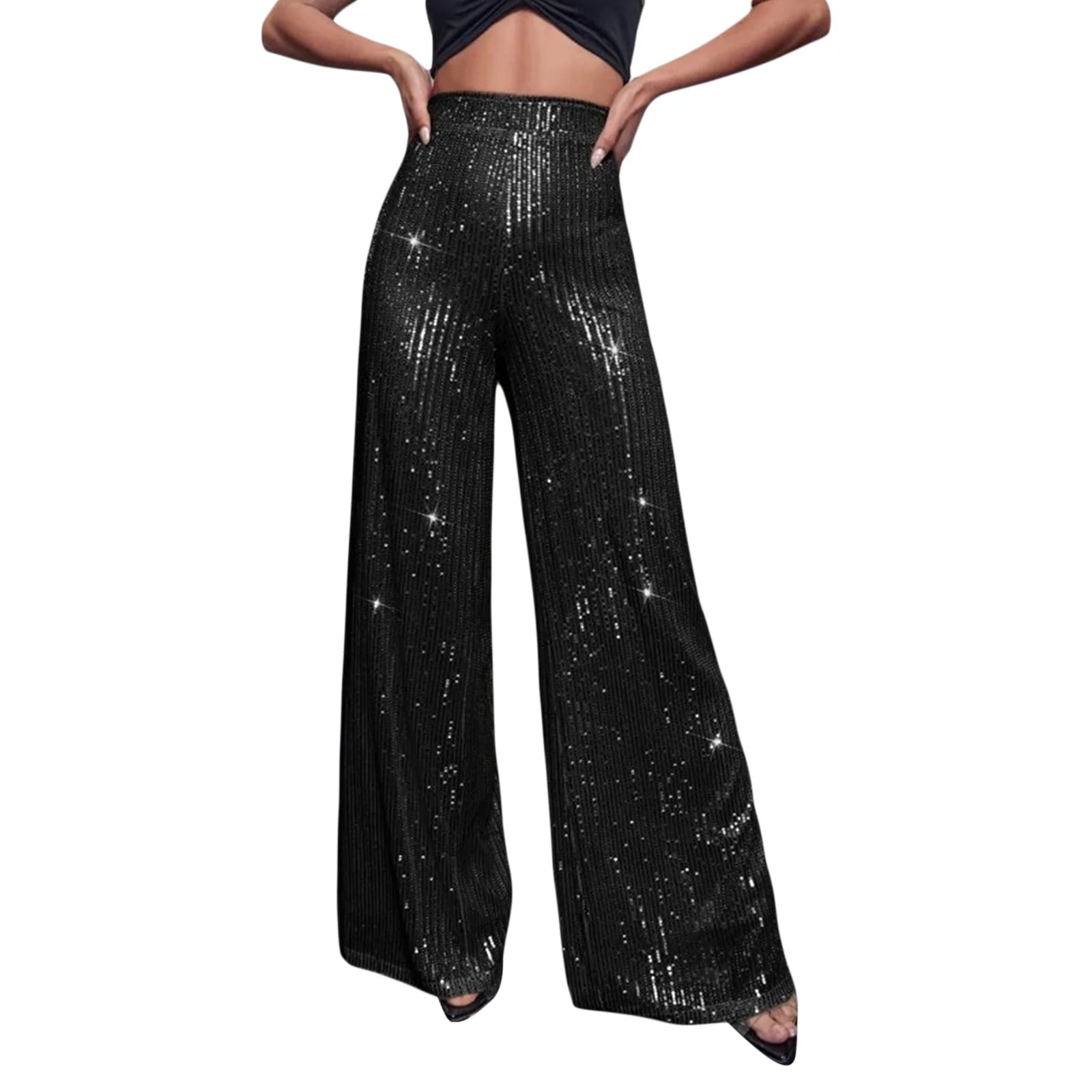 Cyflymder Women Sequin Flare Pants Sparkly High Waist Wide Leg Bell-bottom Trousers Slim Party Club Shiny Pants Clubwear