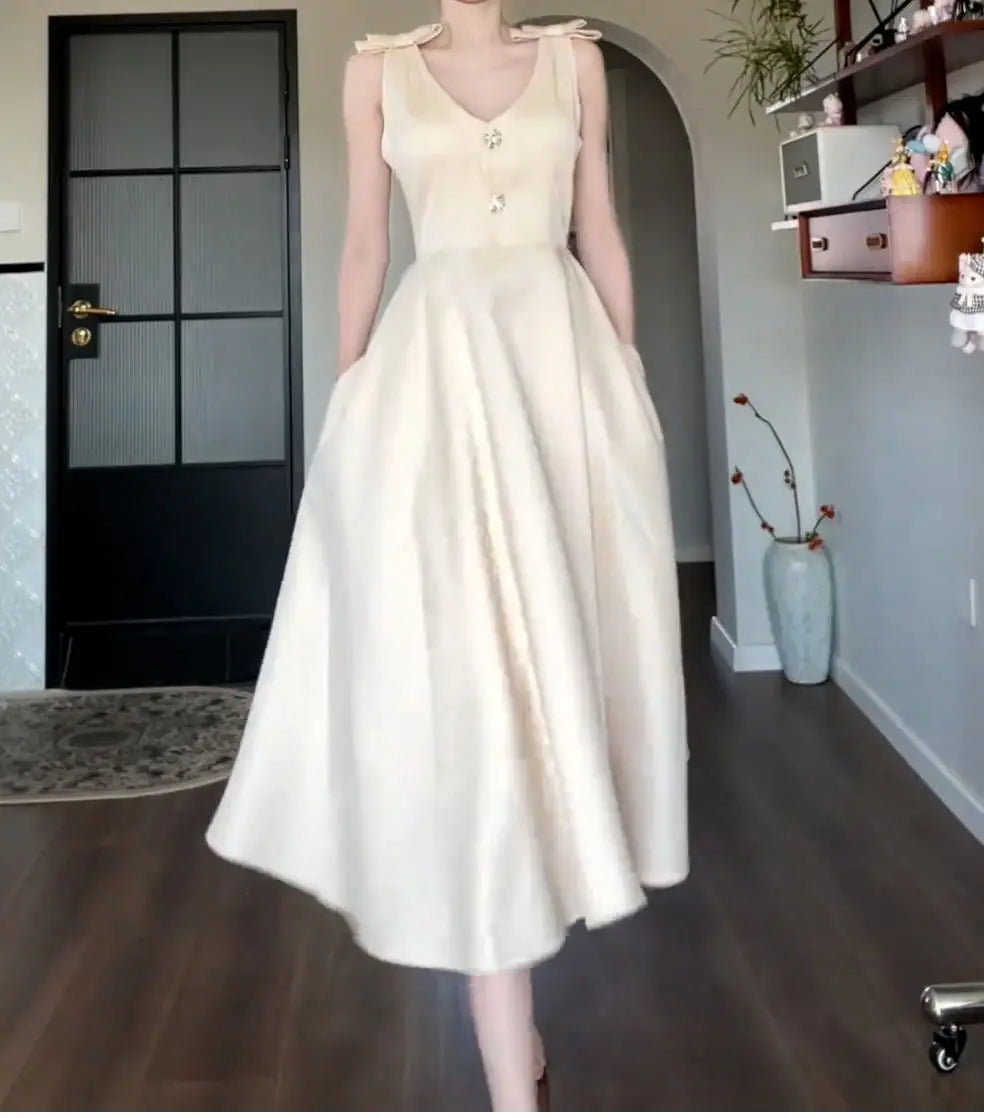Cyflymder  Summer Champagne Bow A Line Dress Women Elegant Slim Waist Party Dress