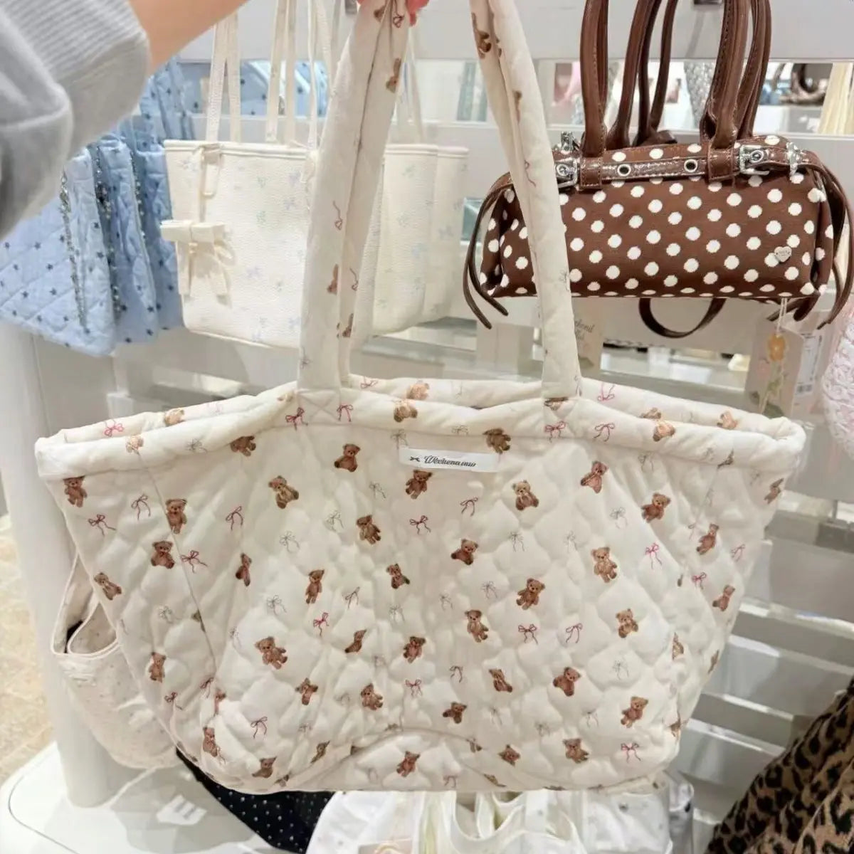 Cyflymder   Sweet Cute Bear Bow Tote Bag Women White Diamond Quilting Large Capacity Shoulder Bag Ladies Daily Casual Versatile Shopping Bag