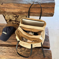 Cyflymder   Lightweight Large Capacity Multi-compartment Handbag Leisure Simple Zipper Tote Retro Suede Canvas Color-block Shoulder Bag
