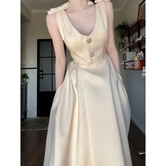 Cyflymder  Summer Champagne Bow A Line Dress Women Elegant Slim Waist Party Dress