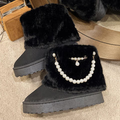 Cyflymder Winter New String Bead Plush Women's Boots Warm Stylish Thick Platform Slip On Boots Faux Fur Plus Size 43 Ankle Botas Shoes