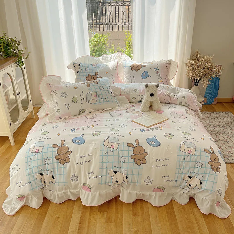 Cyflymder Korean Cartoon Printed Bedding Set Super Soft Fitted Sheet Pillowcase Quilt Cover with Lace Adult Student Dorm Textile Supplies
