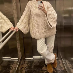 Cyflymder  Retro Knitted Sweater round Ne Bell Sve Casual Comfortable Autumn Winter Women's Faion Commute Loose Fit Polyester Blend