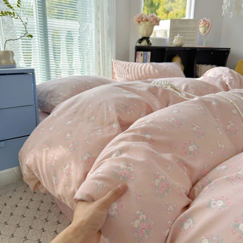 Cyflymder  INS Korean Style 2025 Floral Bedding Sets New Skin Friendly Soft Washed Cotton Printed Bed Sheet Sets