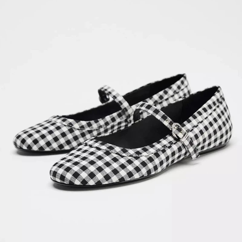 Cyflymder  Luxury Designer Plaid Print Ballet Flats for Women Comfort Round Toe Buckle Soft Sole Mary Jane Shoes Elegant Banquet Party Shoe