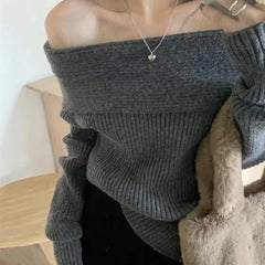 Cyflymder Off Shoulder Sexy Sweater Women Elegant Knitted Pullovers Korean Style Long Sleeve Fashion Autumn Winter Casual Jumpers