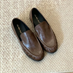 Cyflymder  Pleated Block Chunky Heel Loafers Women Retro Round Toe Casual Low Heel Women Shoes Brown Spring Autumn Comfortable Office Shoes