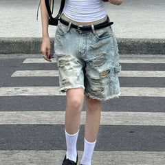 Cyflymder   Fashion Women Ripped Raw Hem Retro Jeans Shorts  Summer Five-Pocket Denim Shorts Chic Straight Legged Pants Streetwear