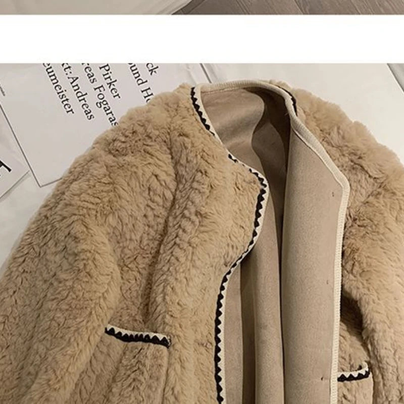 Cyflymder  Lamb's Wool Jacket Women Faux Fur Jacket Trends Design Short Tops Autumn Winter New Loose Plush Top Long Sleeve Single-breasted