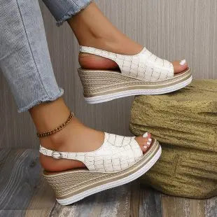 Cyflymder  Summer New Buckle Slope Heel Women's Sandals Summer Checkered Pattern Thick Bottom Non slip Beach Shoes
