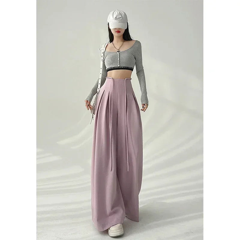 Cyflymder  Streetwear Wide Leg Pants Women Korean Black High Waist Suit Pants Summer Fashion Elegant Lace Up Straight Trousers New