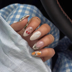 Cyflymder  24Pcs Short French Almond Press on Fake Nails Green Check Design False Nails Lemon Cherry Pattern Reusable Full Cover Nails Tips