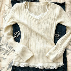 Cyflymder  Y2K Retro Fashion Women's V-Neck Knitted Sweater Punk Lace Hem Fake Two-Piece Long Sleeved Slim Fit Street Top Harajuku
