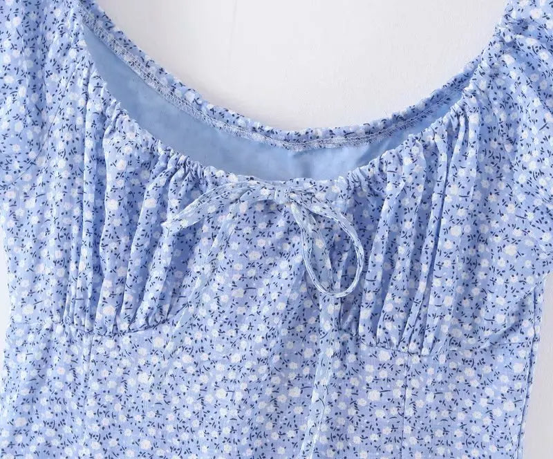 Cyflymder  Retro Blue Floral Print  Dr Sweet Front Bow Large Collar ort Sve Waist Cinched Street Sle Summer Dr for Women