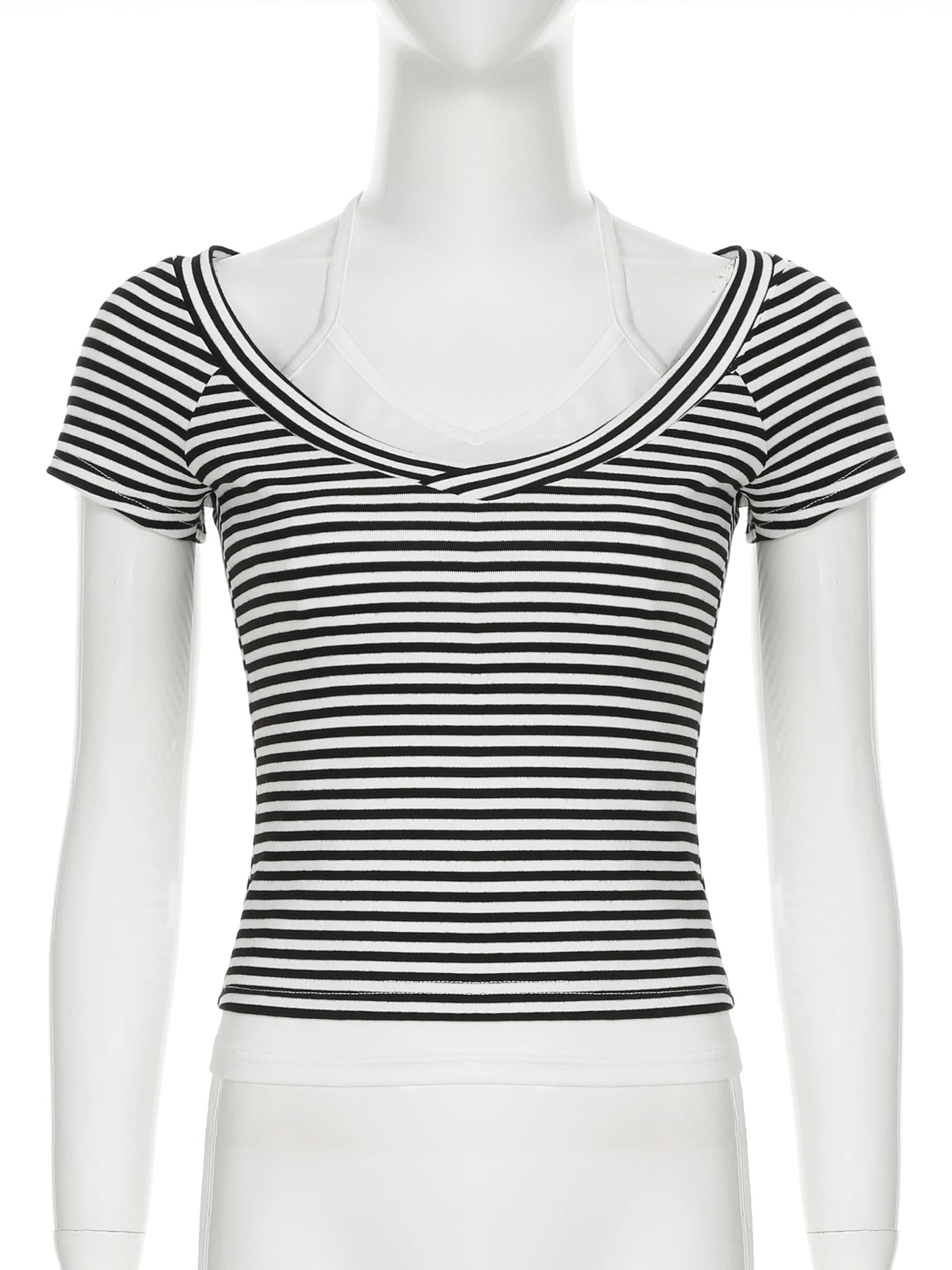 Cyflymder  Casual Patchwork Striped T Shirt Fake 2 Piece Basic Halter O-Neck Short Sleeve Tees Women 2025 Summer Fashion Streetwear