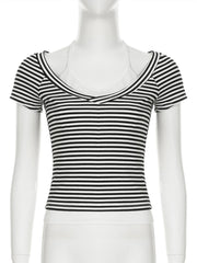 Cyflymder  Casual Patchwork Striped T Shirt Fake 2 Piece Basic Halter O-Neck Short Sleeve Tees Women 2025 Summer Fashion Streetwear