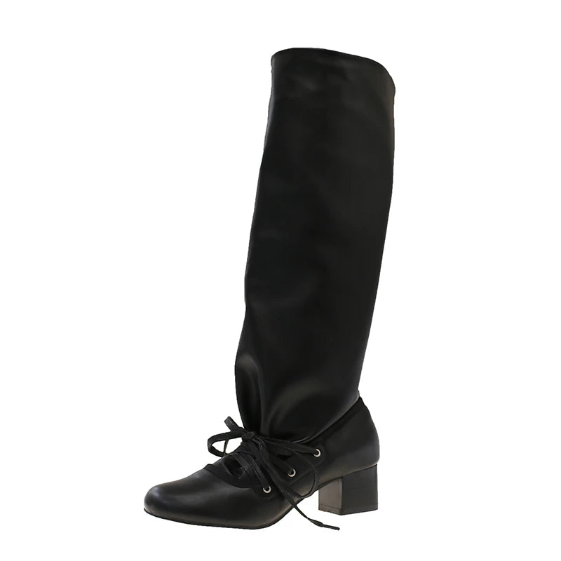 Cyflymder  Designer Thick Heel Women Knee High Boots Fashion Ladies Lace Up Knight Long Booties botas de inverno feminina