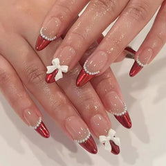 Cyflymder 24Pcs Almond False Nails Cute Strawberries with French Design Simple White Wearable Fake Nails Decoration Press on Nail Tips Art