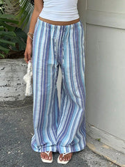 Cyflymder  Women Striped Drawstring Pants Wide Leg Full Length Beach Casual Colorful Linen Trousers Summer Fashion Lady Daily Wear
