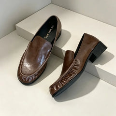 Cyflymder  Pleated Block Chunky Heel Loafers Women Retro Round Toe Casual Low Heel Women Shoes Brown Spring Autumn Comfortable Office Shoes