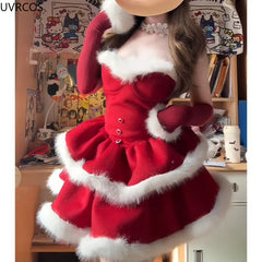 Cyflymder  Winter Christmas Lolita 2 Piece Sets Women Kawaii Plush Bow Hooded Cloak Coat Cute Slim Mini Dresses Korean Style Y2k Sweet Suit