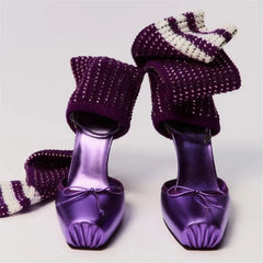 Cyflymder   Women Satin Square Toe Bow Mules  Stiletto Platform High Heels With Rhinestone Knit Slouch Leg Fashion Runway Party