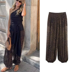 Cyflymder  Leopard Print Loose Translucent Lantern Pants Autumn New Elastic Waist Wide Leg Long Straight Pants Vintage Women Trousers