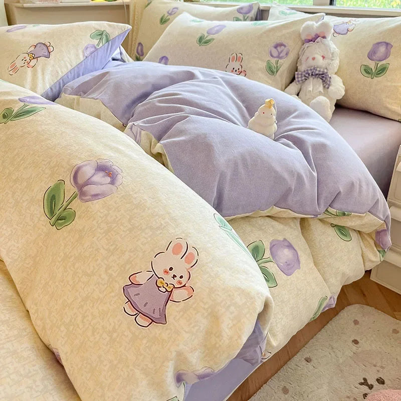 Cyflymder  Pastoral Plant Printed 100% Cotton Thick Bedding Set 160X210Cm Quilt Sets for Adults Warm Soft Duvet Cover for Autumn Winter