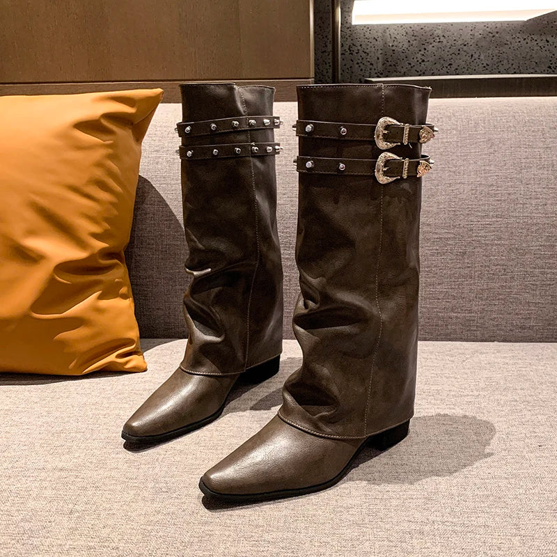 Cyflymder  Designer Rivet Woman Knight Boots Shoes Ladies Elegant Thick Heel Trouser Legs Long Botas Autumn Winter Women's Booties