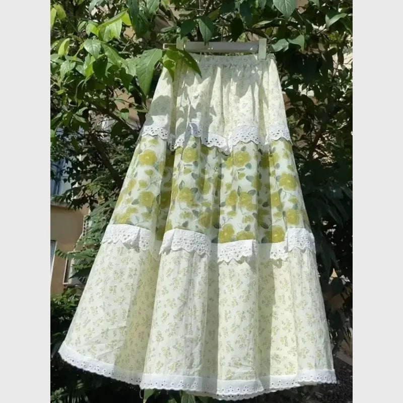 Cyflymder  Mori Girl Flower Print Skirt Elegant Lace Patchwork Midi Skirt Women Summer Casual Elastic Waist A-Line Skirt Boho Faldas 405A