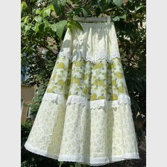 Cyflymder  Mori Girl Flower Print Skirt Elegant Lace Patchwork Midi Skirt Women Summer Casual Elastic Waist A-Line Skirt Boho Faldas 405A
