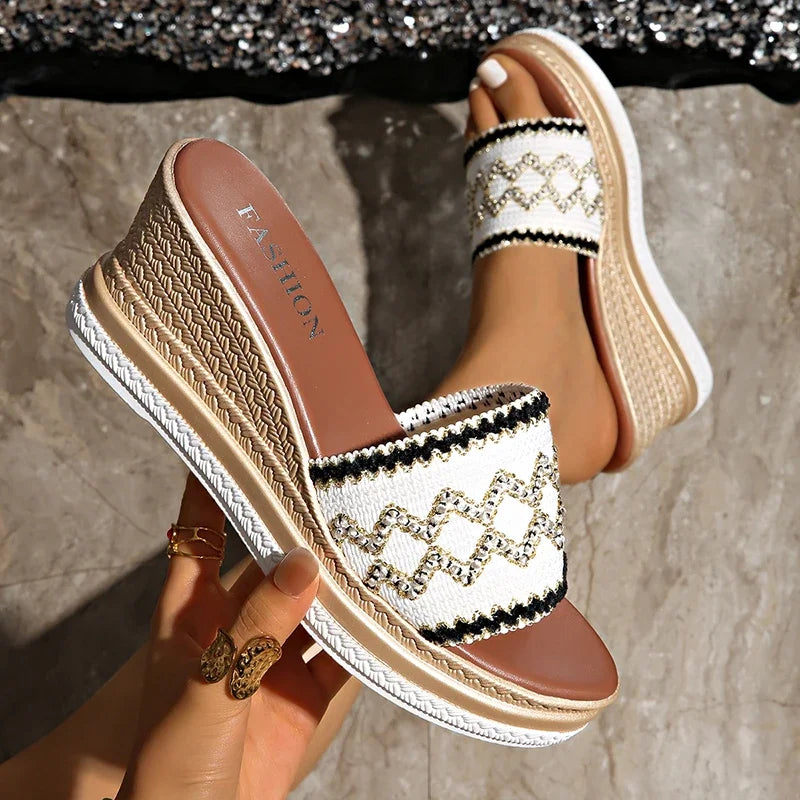 Cyflymder  Bohemian Striped Braided Wedge Sandals Women Summer Thick Sole Outdoor Beach Slides Woman Plus Size Fashion Platform Slippers
