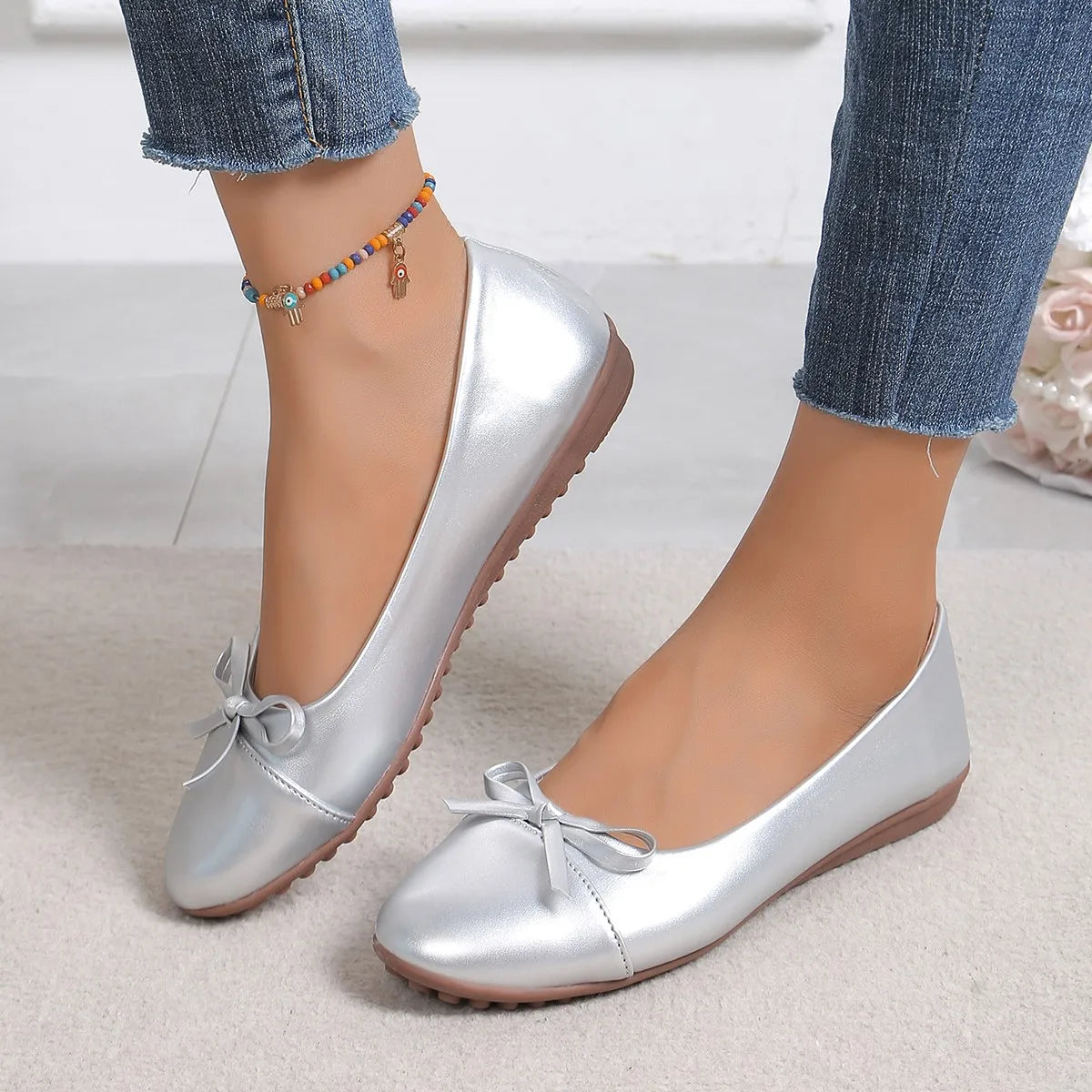 Cyflymder  Women's Bowknot Decor Comfort Ballet Flat Shoes Spring Trend Comfort Woman Non Slip Casual Soft-soled Shoes