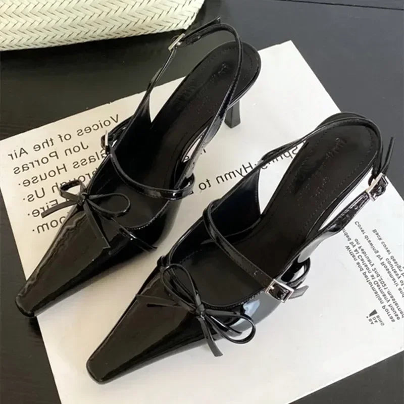 Cyflymder  Blue Patent Leather  Women Sexy Pointy Toe Bow Decorated Heeled Sandals Summer Elegant Slingbacks Dress  Pumps