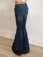 Cyflymder  Women's Low Rise Flared Jeans Y2K Vintage Slim-Fit Blue Denim Pants 2000S Retro Streetwear Harajuku Fashion All-Match Trousers