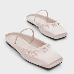Cyflymder  Big Size 43 Summer Square Toe Cute Pink Satin Ballet Flats Shoes Women Bow Knot Comfy Walk Mules Shoes Outdoor Slipper