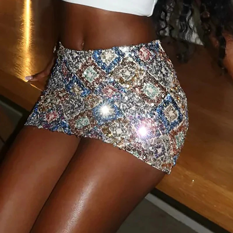 Cyflymder  Sexy Geometric Print Glitters Mini Skirts Midnight Party Multi-color Skirts Women 2025 Summer New Sequins Wrap Hips Short Skirts