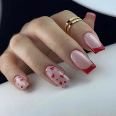 Cyflymder  24Pcs Simple Wine Red French False Nails with Heart Pattern Designs Square Nail Tips Art Detachable Short Fashion Nails Stickers