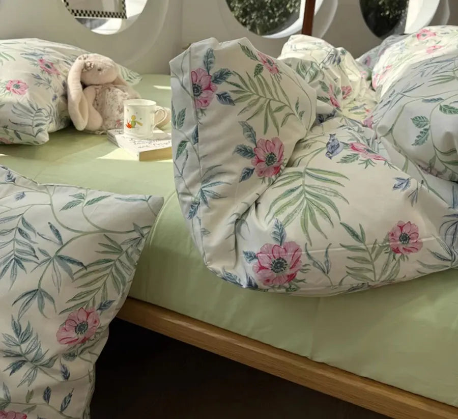 Cyflymder  Romantic fresh green flower bird bedding set,twin full queen king cute floral cotton home textile sheet pillow case quilt cover