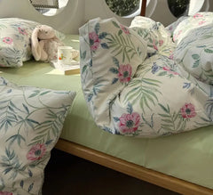 Cyflymder  Romantic fresh green flower bird bedding set,twin full queen king cute floral cotton home textile sheet pillow case quilt cover