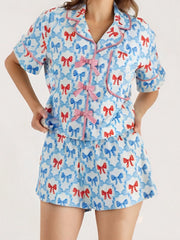 Cyflymder  Women s 2 Piece Pajama Set Adorable Short Sleeve Top with Bow Detail Comfortable Elastic Waist Shorts Lounge Wear Set for