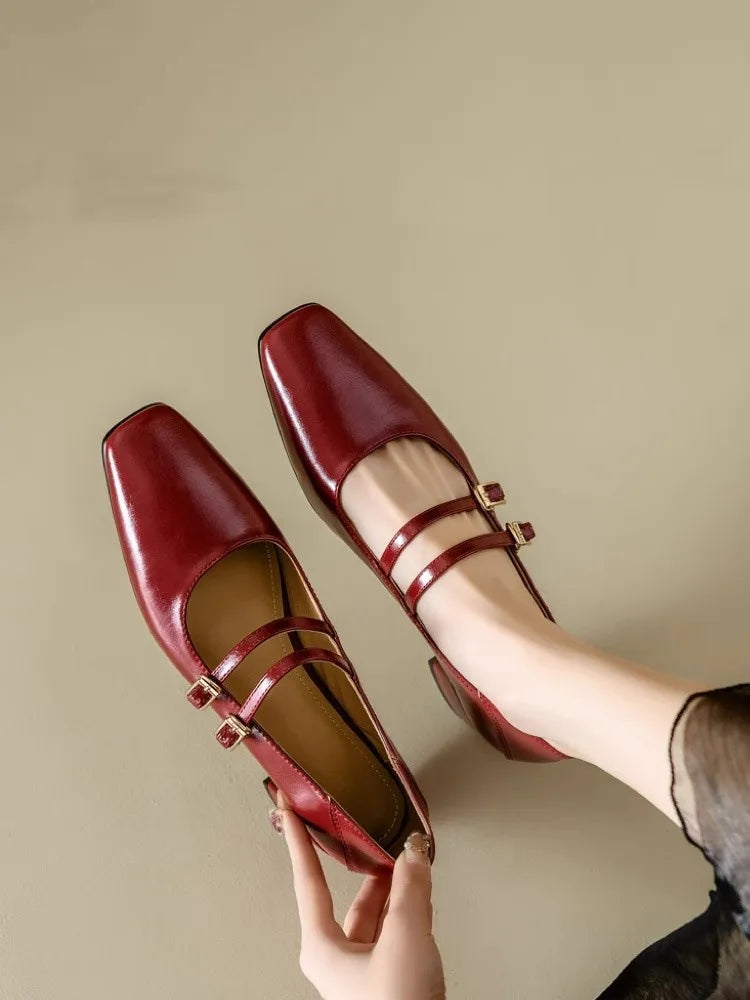Cyflymder  Women's Mary Jane Shoes 2025 Spring Autumn New Fashion Buckle Strap Luxury Leather Shoes Comfortable Square Toe Party Sexy Pumps
