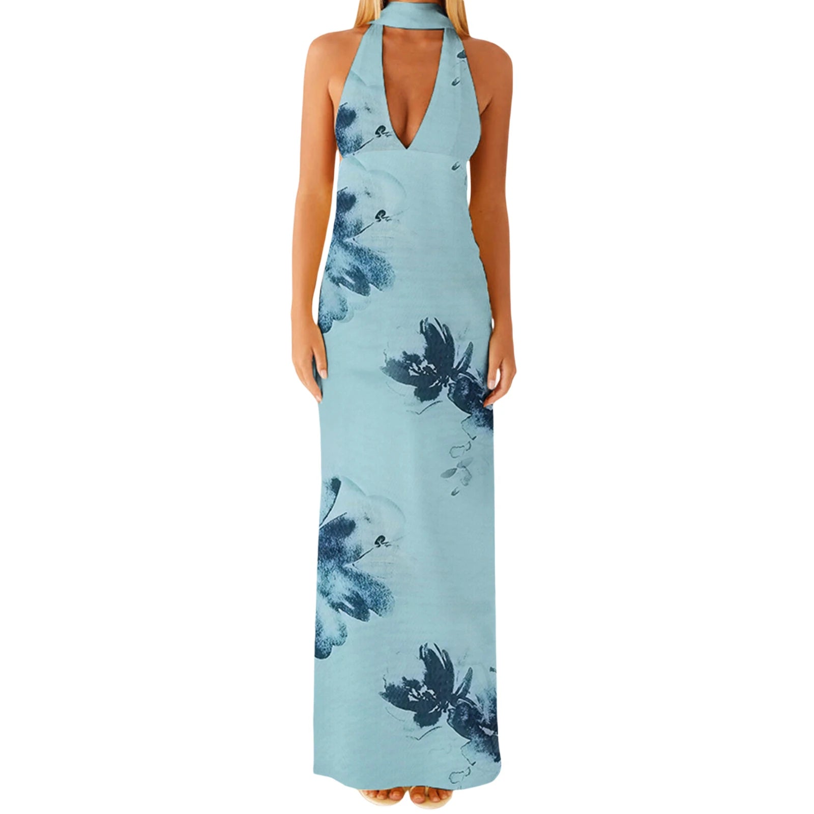 Cyflymder  Elegant Maxi Dress with Boho Floral Print and Halter Neckline Sexy Backless V-Neck Sleeveless Dress for Summer Beach Party