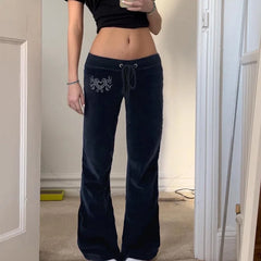 Cyflymder  Velvet Low-rise Bootcut Pants Sexy Millennium Girl Hearts Embellied Dstring Lazy Leisure Pants Slimming Trendy