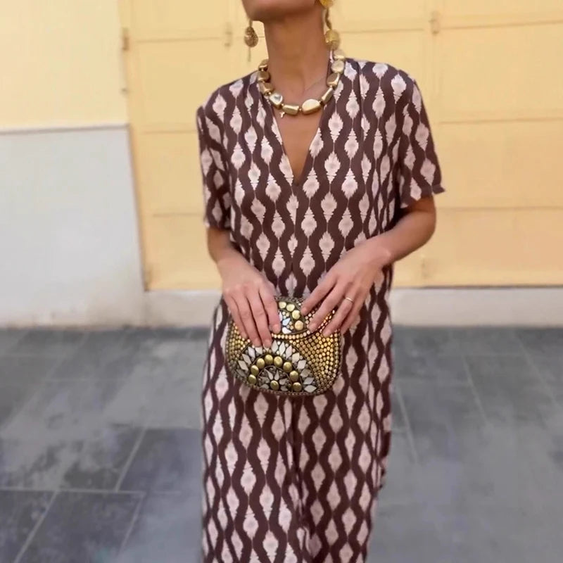 Cyflymder  Leisure High Waist Pattern Printed Women's Dress Summer New Loose Party Maxi Dress Elegant V-neck Short Sleeve Commuting Dresses