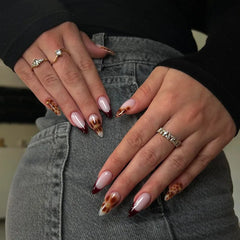 Cyflymder  24Pcs Long Almond Fake Nails Press on Leopard Print French Full Cover Nails Tips with Jelly Glue Detachable Finished False Nails