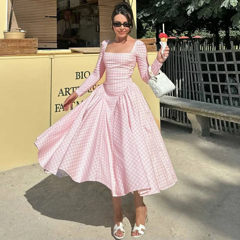 Cyflymder  Plaid Long Sleeve Pleated Maxi Dress For Women Autumn Fashion Square Collar High Waist A-line Club Party Long Dress New